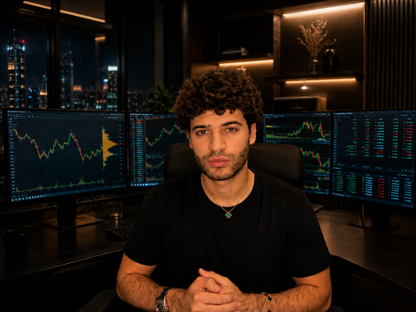 Professional crypto trading desk with charts, volume profile and orderflow on multiple monitors